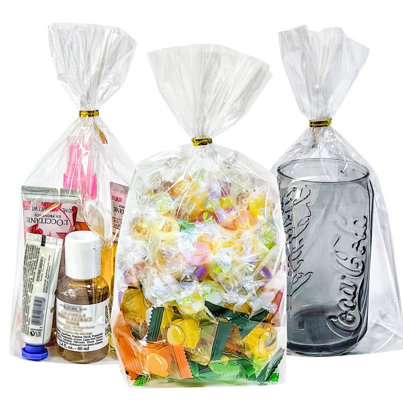QOIUSO 6"x9" Cellophane Treat Bags: 50 Pack Clear Goodie Bags with Bottom Gusset, Stand-Up Small Plastic Gift Wrap for Candy, Cookie, Party Favors, Popcorn, Gifts â€“ 60 Gold Twist Ties - Image 1