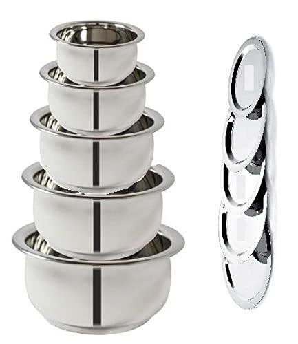 Nirvika Stainless Steel Handi with Lid Tope Patila Dinner Bowl of 5 Pieces 425 ml, 550 ml, 850 ml, 1250 ml and 1500 ml, - Image 1