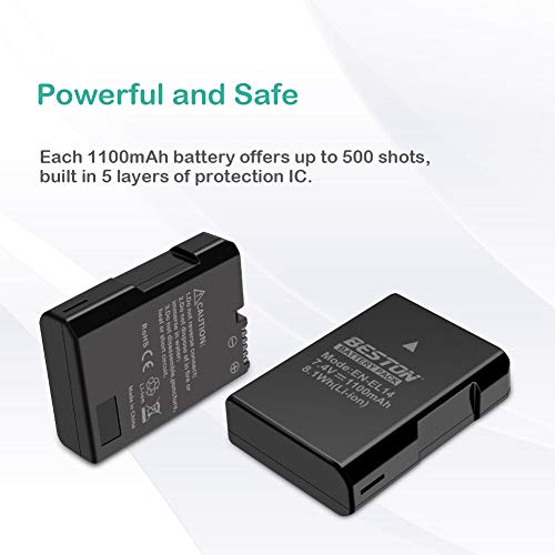 BESTON 2-Pack EN-EL14 / EN-EL14a بطاريات وشاحن USB سريع متوافق مع كاميرات Nikon D3100 D3200 D3300 D3400 D3500 D5100 D5200 D5300 D5500 D5600 DF Coolpix P7000 P7100 P7700 P7800 - Image 2