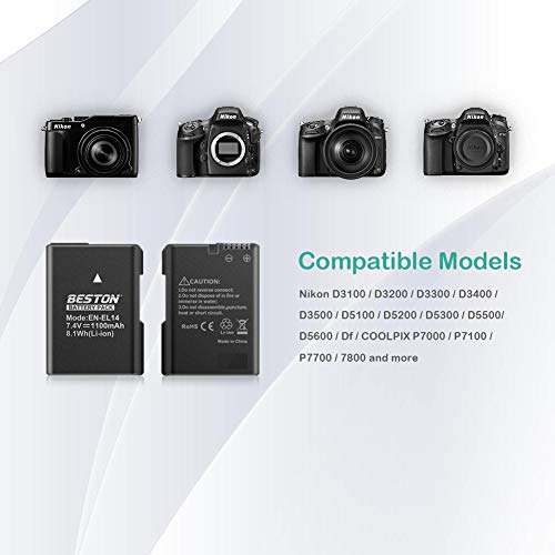 BESTON 2-Pack EN-EL14 / EN-EL14a بطاريات وشاحن USB سريع متوافق مع كاميرات Nikon D3100 D3200 D3300 D3400 D3500 D5100 D5200 D5300 D5500 D5600 DF Coolpix P7000 P7100 P7700 P7800 - Image 3