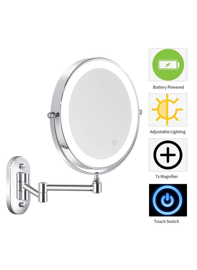 Nicesail LED Lighted Wall Makeup Mirror of 8-Inch, 1X/7X-Magnification with Touch Switch, Adjustable Brightness, Rechargeable Battery(Included), Double Sided Mirror in Chrome Finish (8in,7X)  - Image 3