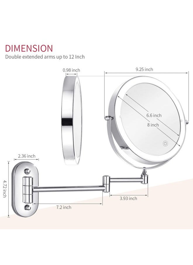 Nicesail LED Lighted Wall Makeup Mirror of 8-Inch, 1X/7X-Magnification with Touch Switch, Adjustable Brightness, Rechargeable Battery(Included), Double Sided Mirror in Chrome Finish (8in,7X)  - Image 2