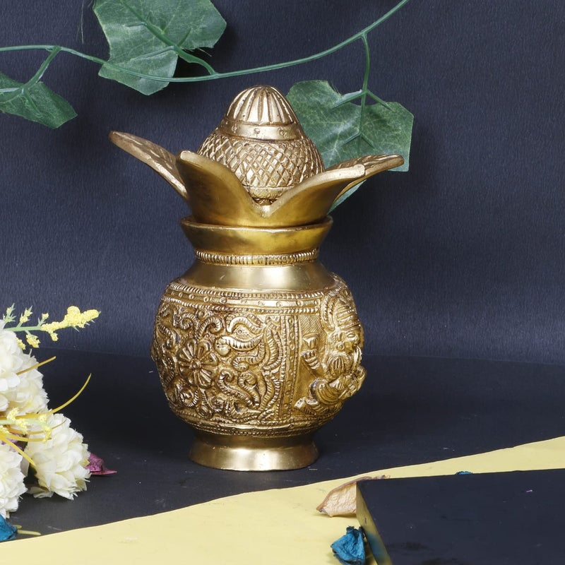 ARTVARKO Brass Laxmi Ganesha Carving Mangal Kalash with Coconut Leafs for Gift Pooja Temple and Home Decorative Items Size 7 Inches - Image 1