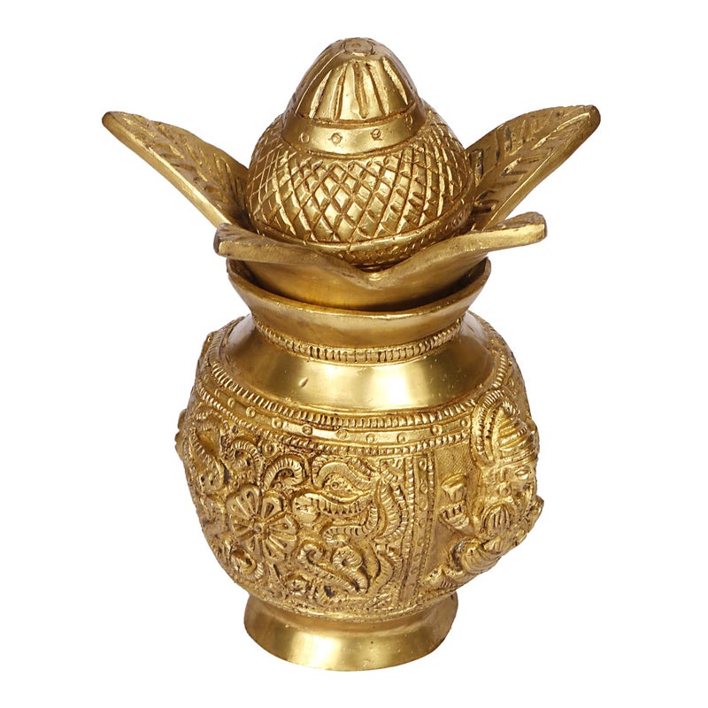 ARTVARKO Brass Laxmi Ganesha Carving Mangal Kalash with Coconut Leafs for Gift Pooja Temple and Home Decorative Items Size 7 Inches - Image 4