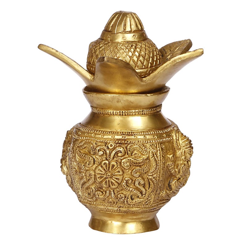 ARTVARKO Brass Laxmi Ganesha Carving Mangal Kalash with Coconut Leafs for Gift Pooja Temple and Home Decorative Items Size 7 Inches - Image 2