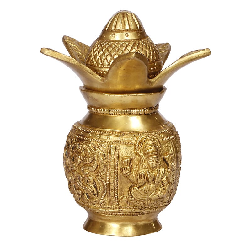 ARTVARKO Brass Laxmi Ganesha Carving Mangal Kalash with Coconut Leafs for Gift Pooja Temple and Home Decorative Items Size 7 Inches - Image 3