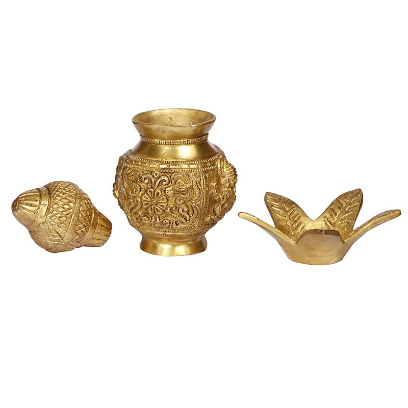 ARTVARKO Brass Laxmi Ganesha Carving Mangal Kalash with Coconut Leafs for Gift Pooja Temple and Home Decorative Items Size 7 Inches - Image 5