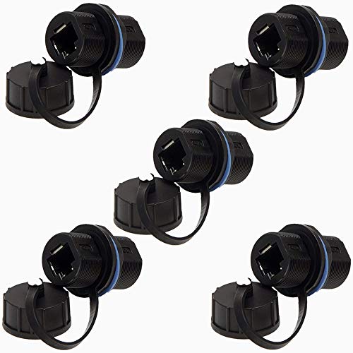 Anmbest 5PCS Panel Mounting Shielded RJ45 Waterproof Cat5/5e/6 8P8C Connector Ethernet LAN Cable Connector Double Head Coupler Adapter Female to Female with Waterproof/Dust Cap(Black) - Image 1