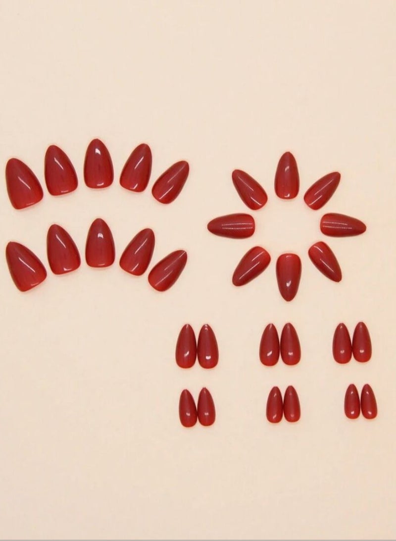 Tuline 30pcs/Set Almond Shaped Solid Dark Red Minimalist Vintage Style False Nails, Suitable For Daily Wear Press On Nails - Image 2