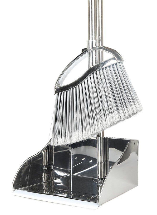 CHANHOO Metal Dustpan and Heavy Duty Broom Set, Stand Up Dustpan with Outdoor Stiff Bristles Broom for Hardwood Patio Room Office Floor Sweeping - Image 1