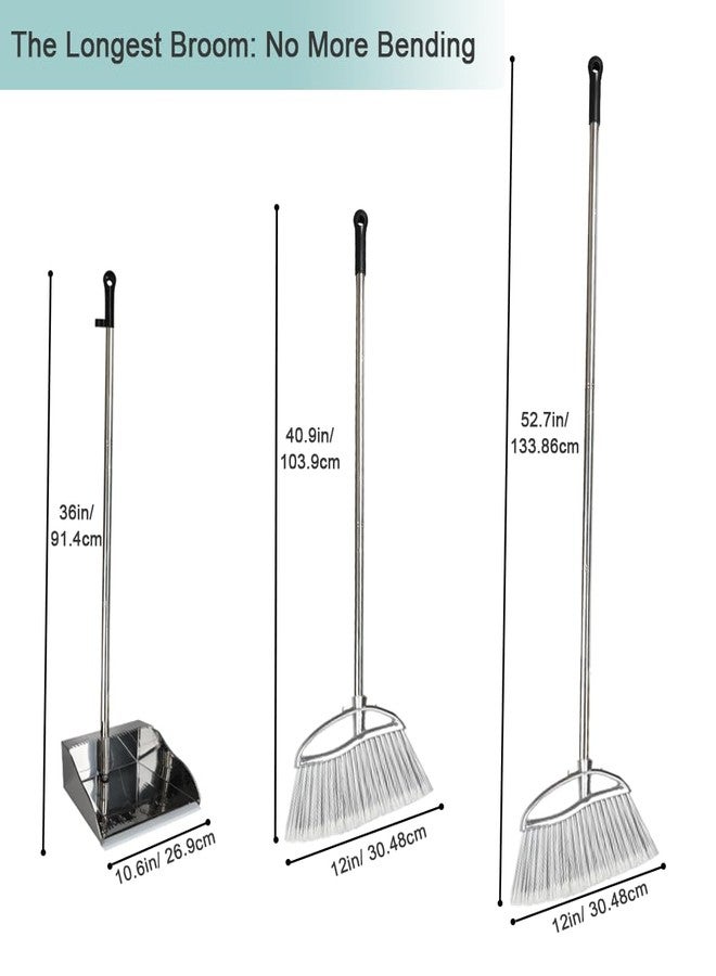 CHANHOO Metal Dustpan and Heavy Duty Broom Set, Stand Up Dustpan with Outdoor Stiff Bristles Broom for Hardwood Patio Room Office Floor Sweeping - Image 2