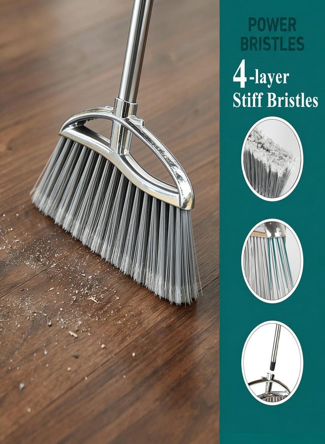 CHANHOO Metal Dustpan and Heavy Duty Broom Set, Stand Up Dustpan with Outdoor Stiff Bristles Broom for Hardwood Patio Room Office Floor Sweeping - Image 3