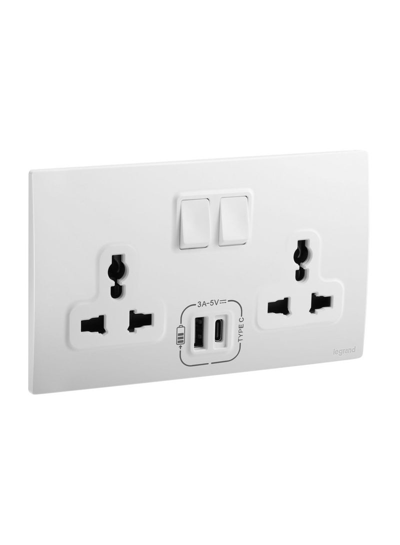 Mallia Senses 2 gang Multistandard switched socket outlet with A and C type USB chargers