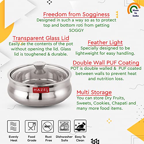 HAZEL Stainless Steel Casserole for Roti with Glass Lid | 1250 ml Chapati Casserole with Transparent Lid | Steel Roti Dabba for Serving | Hotcase for Food Serving - Image 3