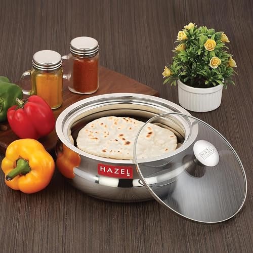 HAZEL Stainless Steel Casserole for Roti with Glass Lid | 1250 ml Chapati Casserole with Transparent Lid | Steel Roti Dabba for Serving | Hotcase for Food Serving - Image 2