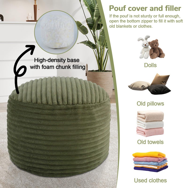 MeMoreCool Stuffed Round Pouf Ottoman Foot Rest, Soft Plush Floor Pouf Foot Stool, Corduray Footstool Footrest, Small Round Ottoman for Living Room Couch Sofa Chair, 20x15 Inch Green - Image 4