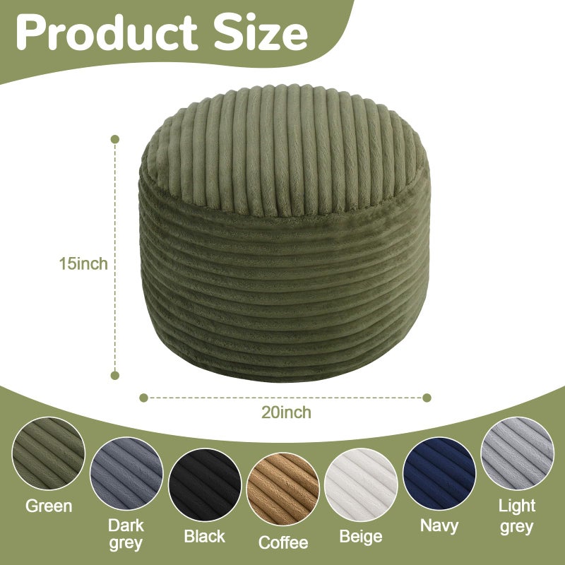 MeMoreCool Stuffed Round Pouf Ottoman Foot Rest, Soft Plush Floor Pouf Foot Stool, Corduray Footstool Footrest, Small Round Ottoman for Living Room Couch Sofa Chair, 20x15 Inch Green - Image 3