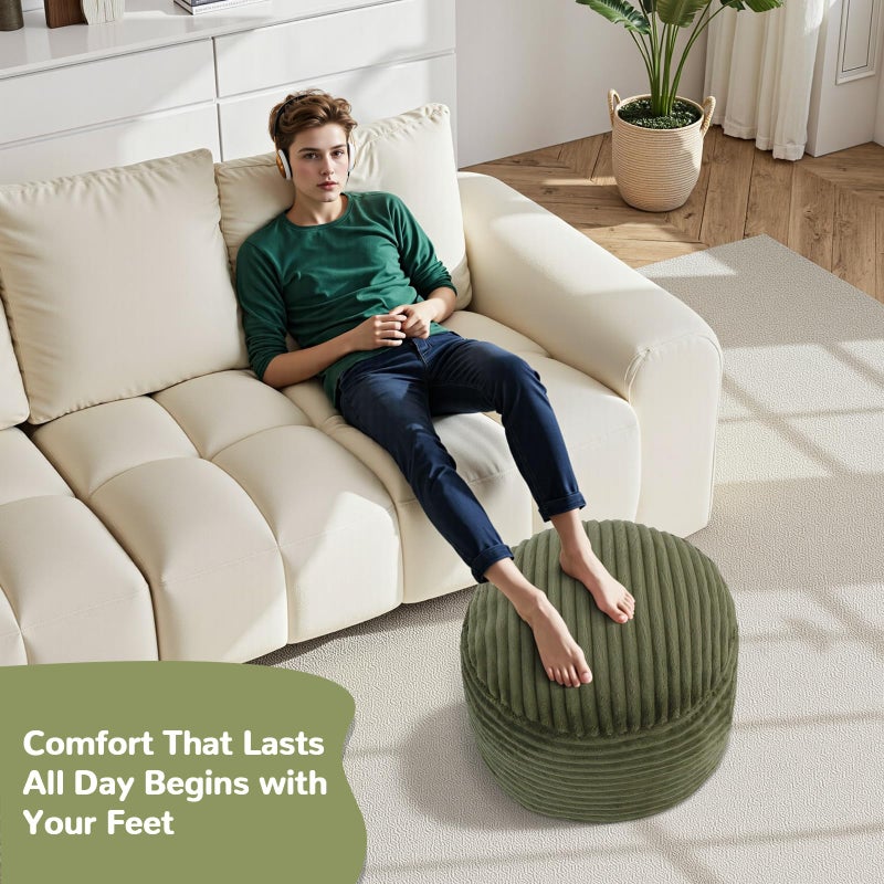 MeMoreCool Stuffed Round Pouf Ottoman Foot Rest, Soft Plush Floor Pouf Foot Stool, Corduray Footstool Footrest, Small Round Ottoman for Living Room Couch Sofa Chair, 20x15 Inch Green - Image 5