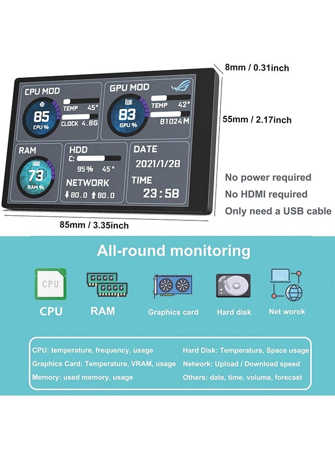 Generic - English Version Computer Temp Monitor, PC Sensor Panel Display, PC Temperature Display for PC ARGB Computer Case Secondary Screen, IPS USB Mini Screen PC CPU RAM HDD Data Monitor - Image 1