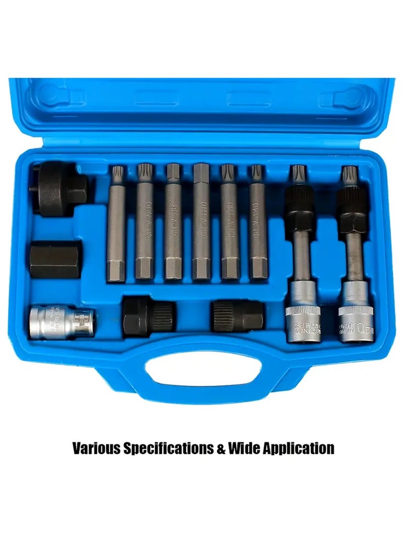 Generic - 13PC Alternator Pulley Removal Tool Kit - Heavy Duty Alloy Socket Bit Set for Freewheel Pulley Removal, Includes Various Sizes with Carry Case - Image 1