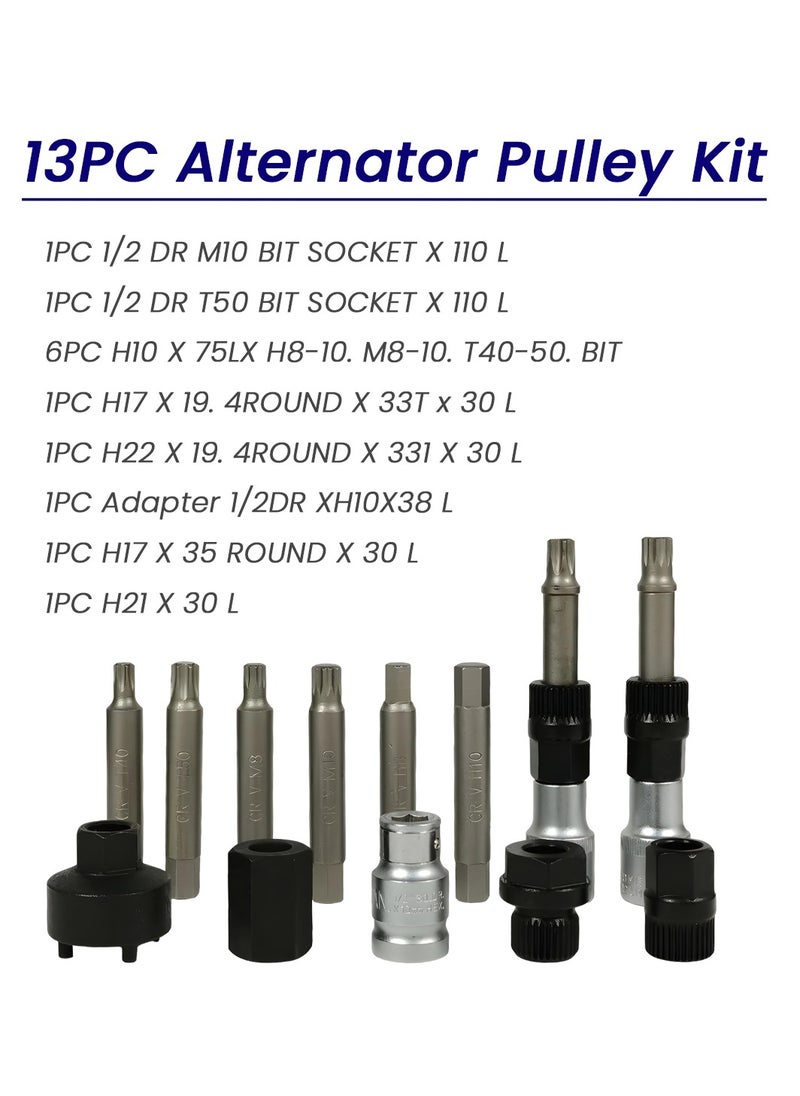 Generic - 13PC Alternator Pulley Removal Tool Kit - Heavy Duty Alloy Socket Bit Set for Freewheel Pulley Removal, Includes Various Sizes with Carry Case - Image 1