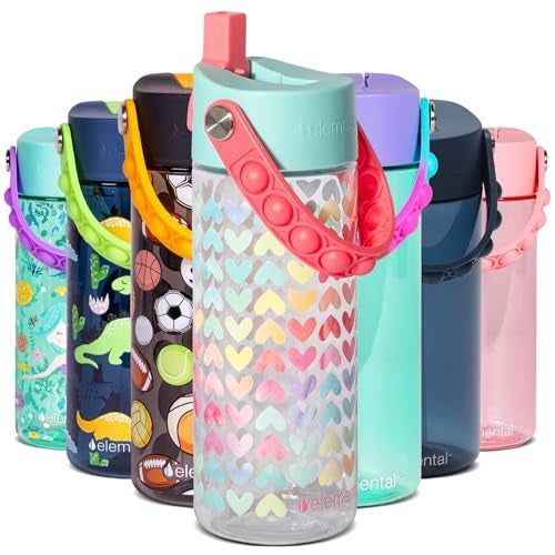 Elemental Leak Proof Water Bottles for Kids Splash Kids Water Bottle for School with Popit Handle BPA Free Tritan Plastic Reusable Water Bottle with Straw Rainbow Heart 18oz - Image 1