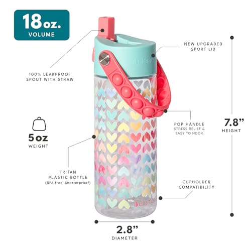 Elemental Leak Proof Water Bottles for Kids Splash Kids Water Bottle for School with Popit Handle BPA Free Tritan Plastic Reusable Water Bottle with Straw Rainbow Heart 18oz - Image 3