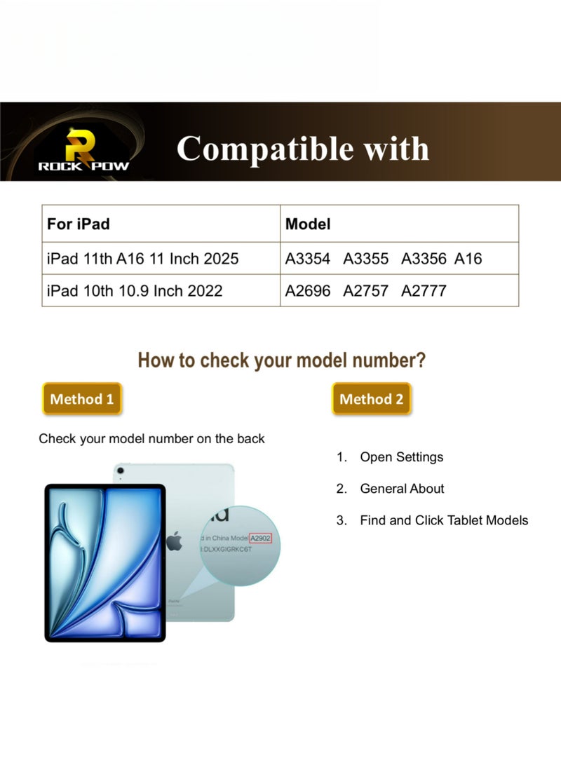 روك بو كيس لـ iPad (A16) الجيل الحادي عشر 11 بوصة 2025 ، iPad الجيل العاشر 10.9 بوصة 2022 مع حامل قلم رصاص ، 6 في 1 زوايا عرض متعددة على شكل Y ، غطاء خلفي شفاف - Image 2