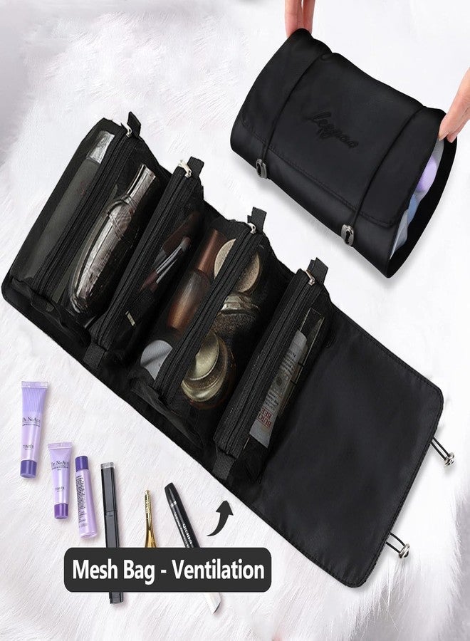 CLICKSY Nylon 4-in-1 Hanging Roll Up Makeup Pouch Kit, Folding Travel Toiletry Bag with Compartments, Detachable Pouch Cosmetic Organizer (Black) - Image 4