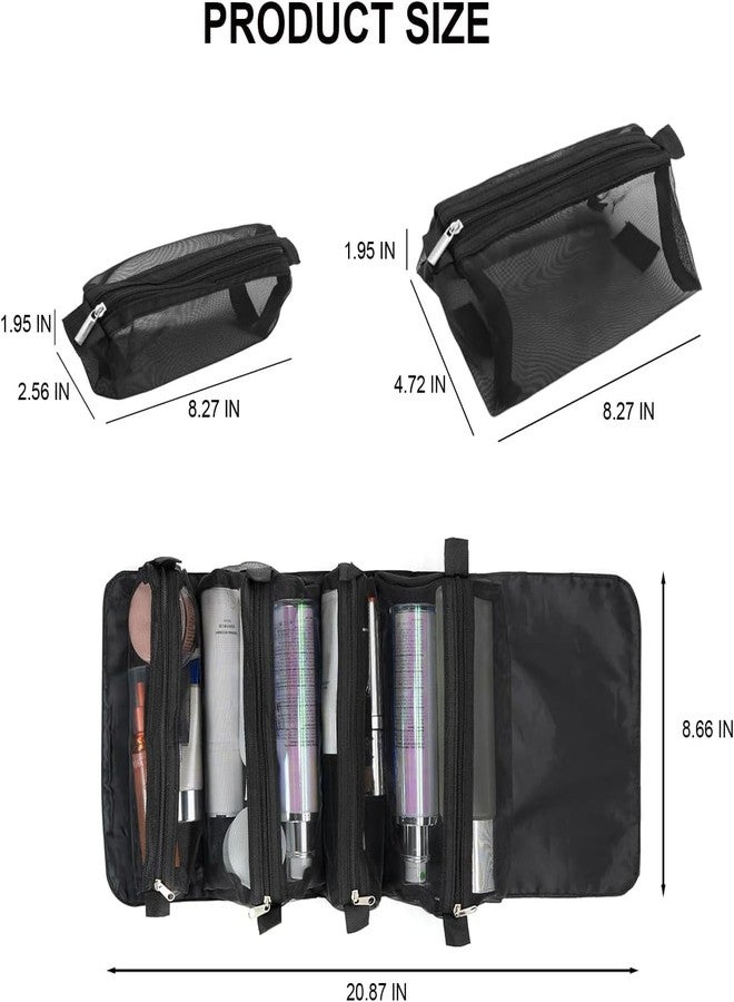 CLICKSY Nylon 4-in-1 Hanging Roll Up Makeup Pouch Kit, Folding Travel Toiletry Bag with Compartments, Detachable Pouch Cosmetic Organizer (Black) - Image 2