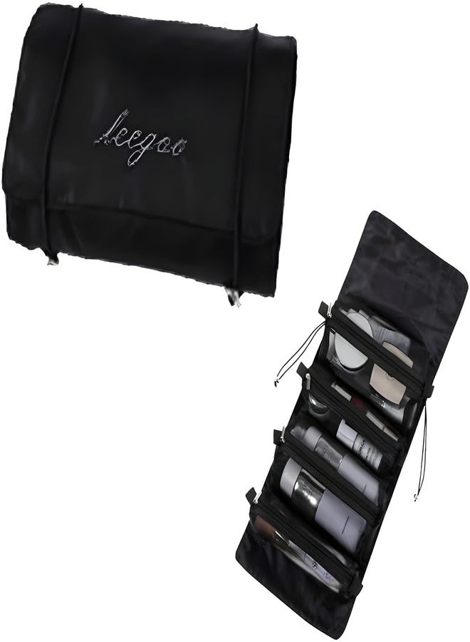 CLICKSY Nylon 4-in-1 Hanging Roll Up Makeup Pouch Kit, Folding Travel Toiletry Bag with Compartments, Detachable Pouch Cosmetic Organizer (Black) - Image 1
