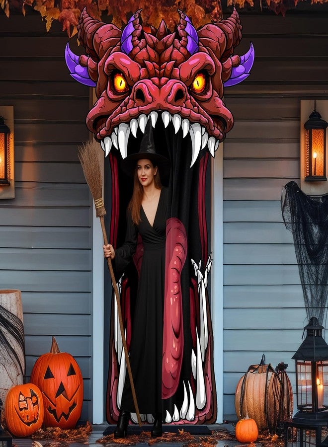 Tegeme Halloween Door Cover Decoration Creepy Door Backdrop for Halloween Garage Window Wall Porch Haunted House Terror Trunk or Treat Car Decoration Scary Evil Photo Booth Props(Dragon Monster) - Image 1
