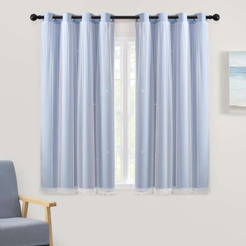 XiDi Light Blue Blackout Curtains for Girls Bedroom Living Room 63 Inches Long 2 Panels Star Curtains Boys Kids Room Darkening Thermal Insulated Drapes Grommet Noise Reduction Window Treatments 34x63 - Image 1