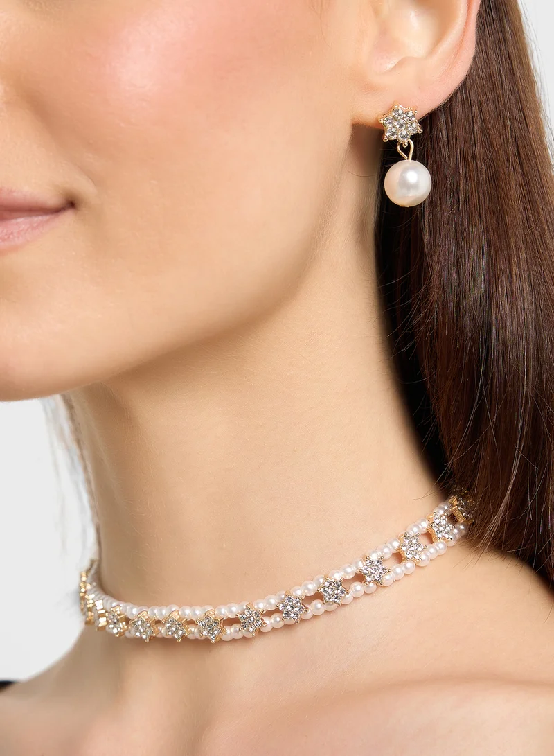 Ella Limited Edition Pearl Diamante Choker & Stud Earrings Set