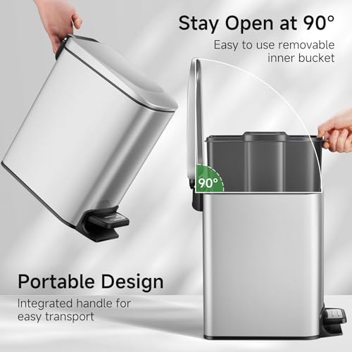 TIPGO Slim Bathroom Trash Can with Lid Soft Close, Step Pedal, 6 Liter / 1.6 Gallon Stainless Steel Trash Bin, Small Garbage Cans for Bedroom, Office, Kitchen (Silver) - Image 2