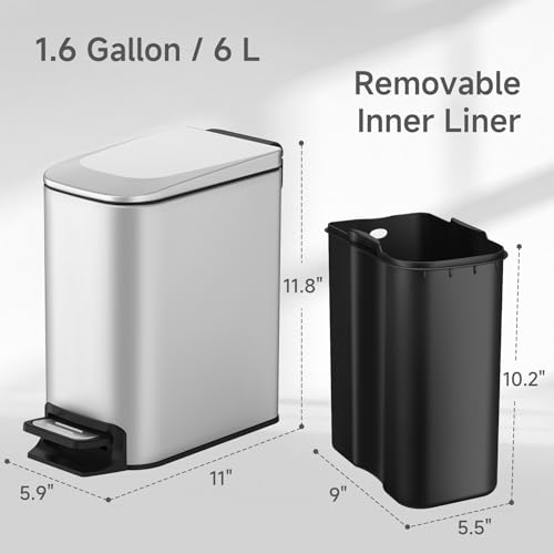 TIPGO Slim Bathroom Trash Can with Lid Soft Close, Step Pedal, 6 Liter / 1.6 Gallon Stainless Steel Trash Bin, Small Garbage Cans for Bedroom, Office, Kitchen (Silver) - Image 4