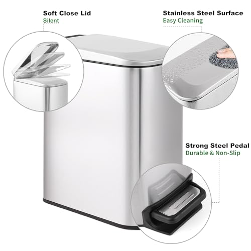 TIPGO Slim Bathroom Trash Can with Lid Soft Close, Step Pedal, 6 Liter / 1.6 Gallon Stainless Steel Trash Bin, Small Garbage Cans for Bedroom, Office, Kitchen (Silver) - Image 5
