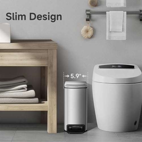 TIPGO Slim Bathroom Trash Can with Lid Soft Close, Step Pedal, 6 Liter / 1.6 Gallon Stainless Steel Trash Bin, Small Garbage Cans for Bedroom, Office, Kitchen (Silver) - Image 3