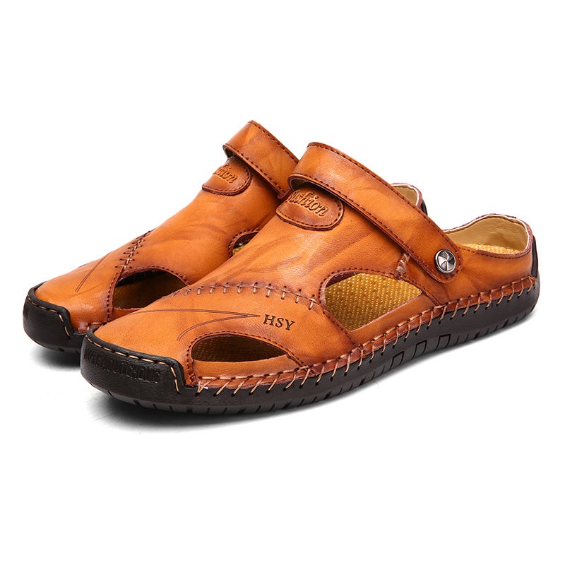 Summer Mens Large Size Leather Sandals Yellow Brown 