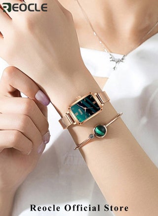 Women's Watch Gifts Set with Bracelet Rose Gold Minimalist Thin Casual Dress Analog Quartz Wrist Watches with Square Waterproof Dial & Stainless Steel Strap - view 4