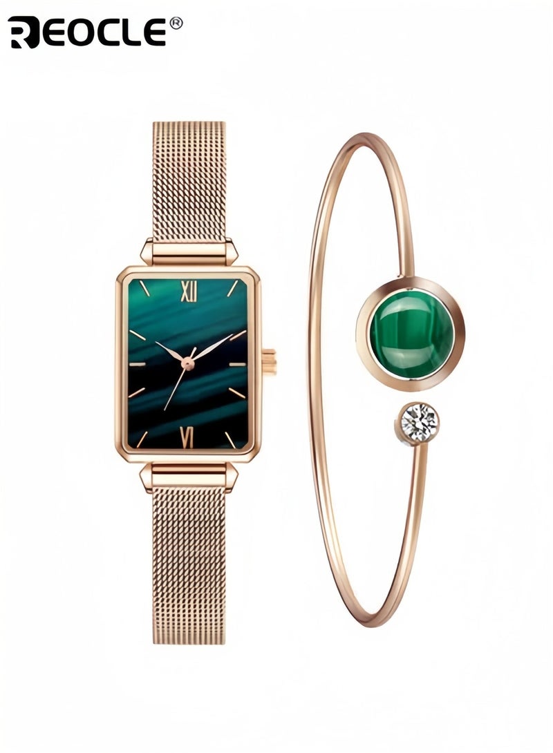 ريوكل مجموعة هدايا ساعات نسائية مع سوار من الذهب الوردي، ساعات يد كوارتز تناظرية بسيطة وأنيقة مع قرص مربع مقاوم للماء وحزام من الفولاذ المقاوم للصدأ - Image 1