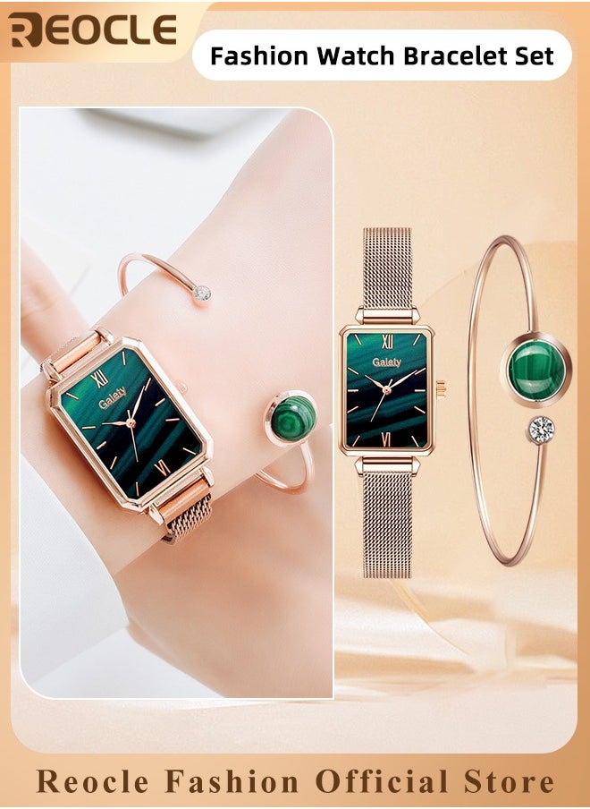 REOCLE Women's Watch Gifts Set with Bracelet Rose Gold Minimalist Thin Casual Dress Analog Quartz Wrist Watches with Square Waterproof Dial & Stainless Steel Strap  - Image 1