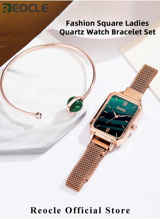 REOCLE Women's Watch Gifts Set with Bracelet Rose Gold Minimalist Thin Casual Dress Analog Quartz Wrist Watches with Square Waterproof Dial & Stainless Steel Strap  - Image 2