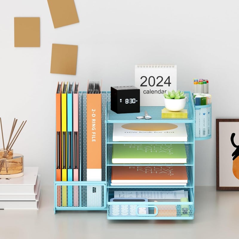 Marbrasse Desk Organizer With File Holder, 5-Tier Paper Letter Tray With Drawer and 2 Pen Holders, Mesh Desktop Storage With Magazine Holder for Office Supplies (Blue) - Image 3