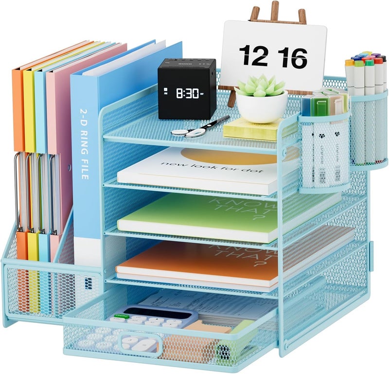 Marbrasse Desk Organizer With File Holder, 5-Tier Paper Letter Tray With Drawer and 2 Pen Holders, Mesh Desktop Storage With Magazine Holder for Office Supplies (Blue) - Image 1