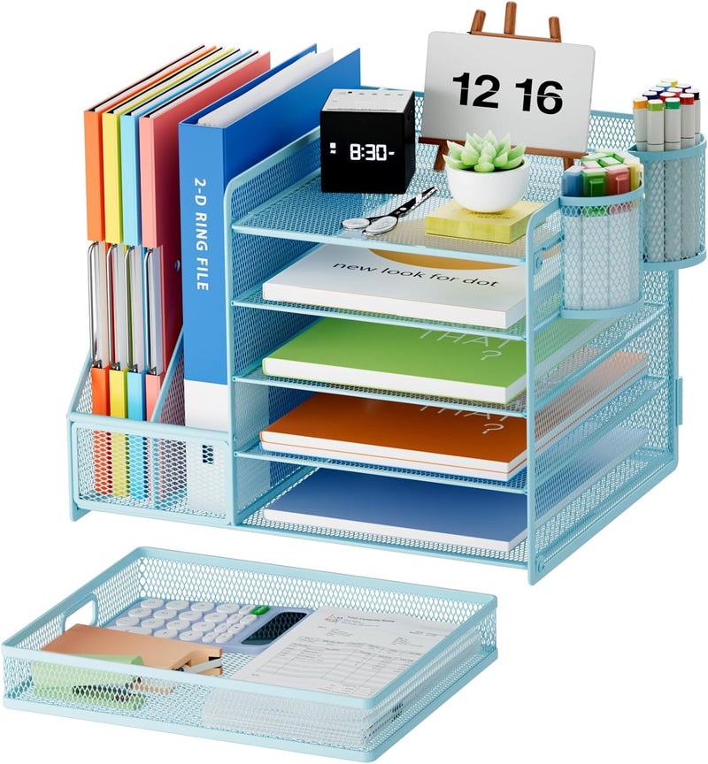 Marbrasse Desk Organizer With File Holder, 5-Tier Paper Letter Tray With Drawer and 2 Pen Holders, Mesh Desktop Storage With Magazine Holder for Office Supplies (Blue) - Image 2