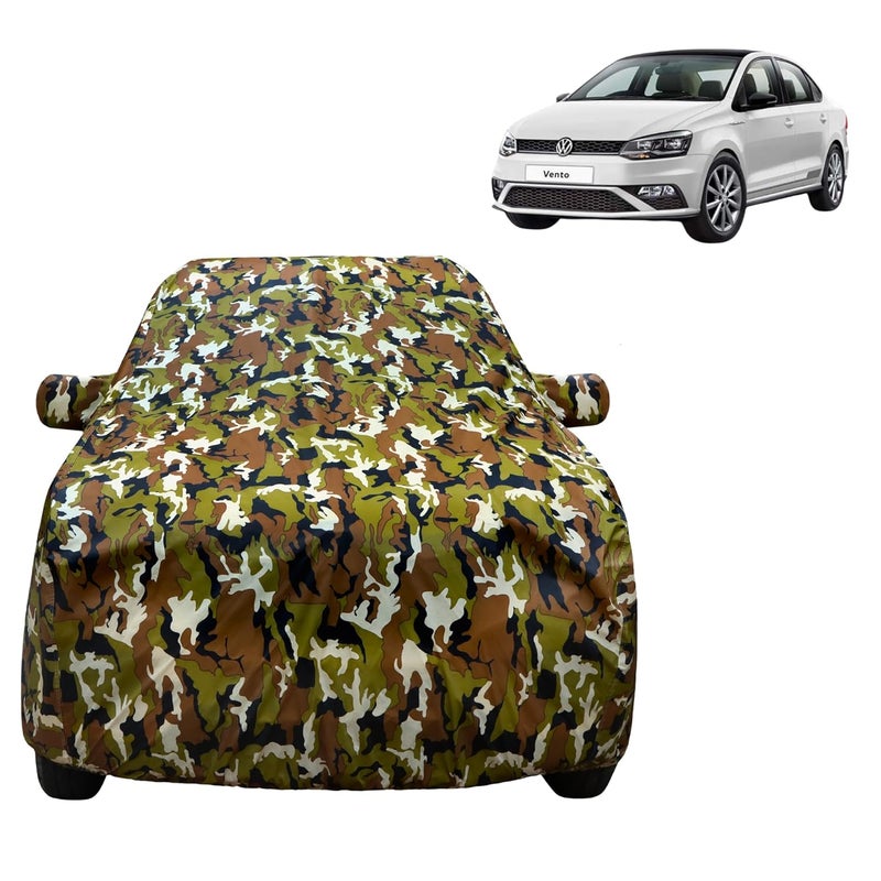 VYAS 100% Waterproof Car Body Cover for Volkeswagen Vento (2009-2022) with Mirror Pocket Triple Stitched Belt & Buckle Fitting Dual Elastic, Durable Material Jungle Print Camouflage Design - Image 1