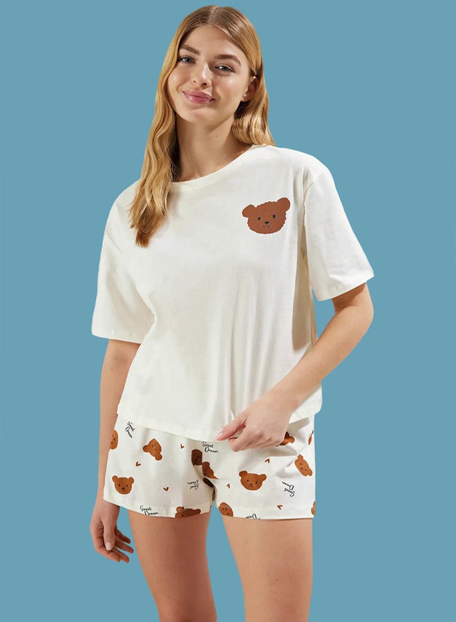 trendyol Ecru 100% Cotton Teddy Bear Heart Shorts Knitted Pajama Set  - Image 1