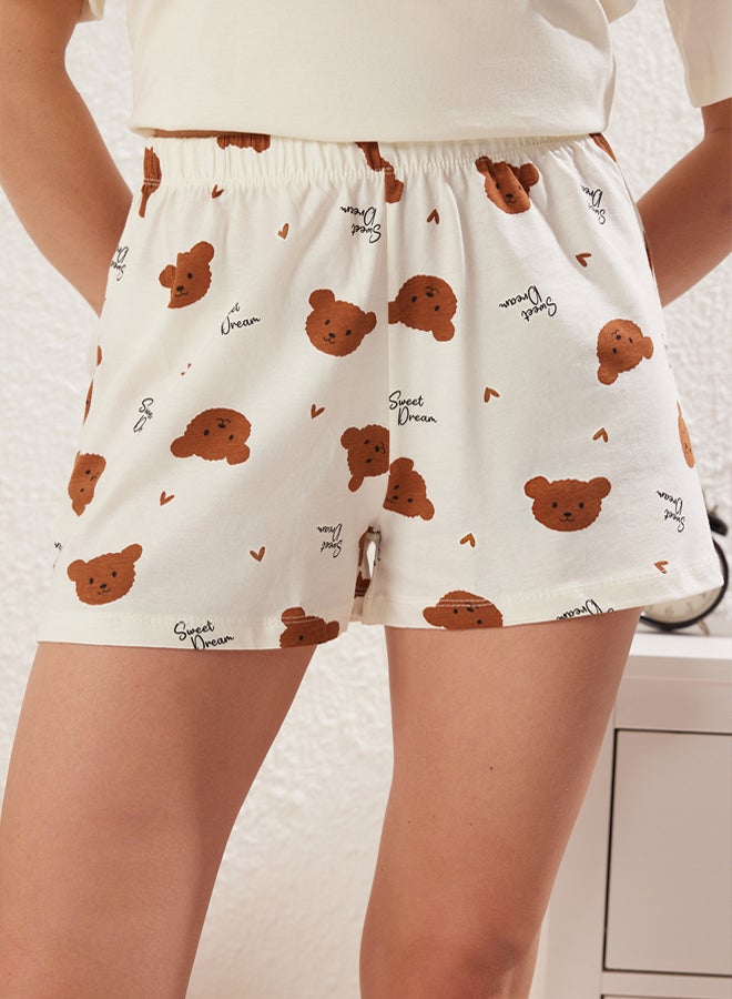 trendyol Ecru 100% Cotton Teddy Bear Heart Shorts Knitted Pajama Set  - Image 5