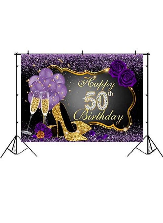 LoveInM Happy 50Th Birthday Backdrops Shining Purple Dots And Gold Frame Photography Background For Party Decorations Rose Floral Balloons Heels Champagne Glass Party Banner Supplies Photo Studio Props 7X5Ft  - Image 3